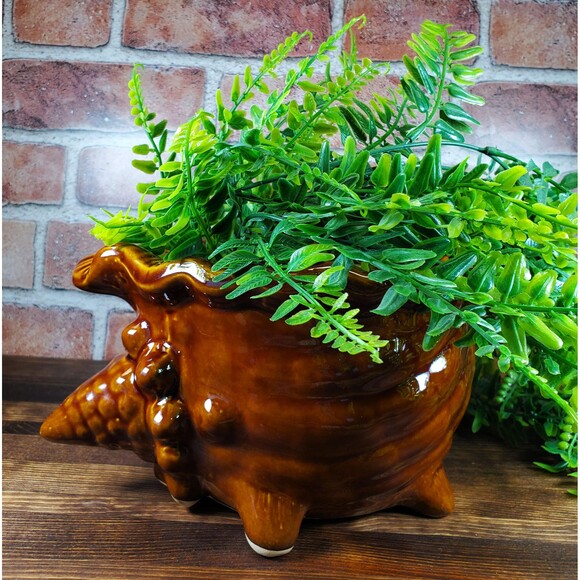 Vintage Brown Glazed Ceramic Conch Shell Planter, Seashell Nautical Decor - Picture 9 of 9